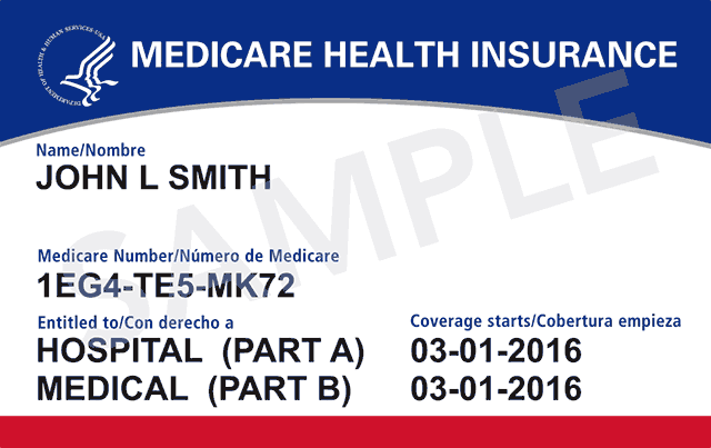 Image of a Medicare health insurance card. It includes the Medicare logo and text fields with placeholders: Name, Medicare Number, Hospital (Part A), Medical (Part B), and coverage start dates. The word "SAMPLE" is printed across the card.